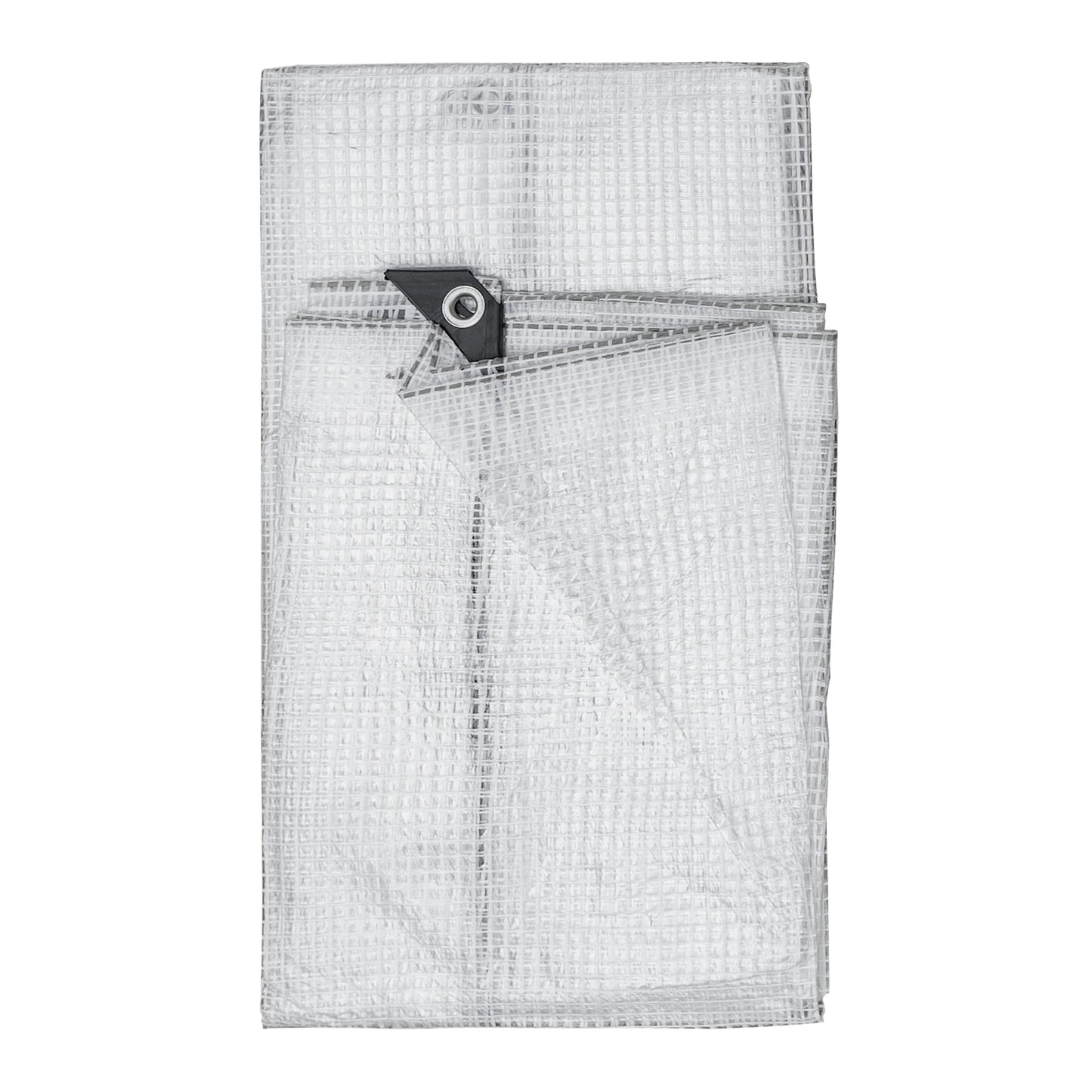 Clear tarpaulin panels with reinforced top corner eyelet and fold lines