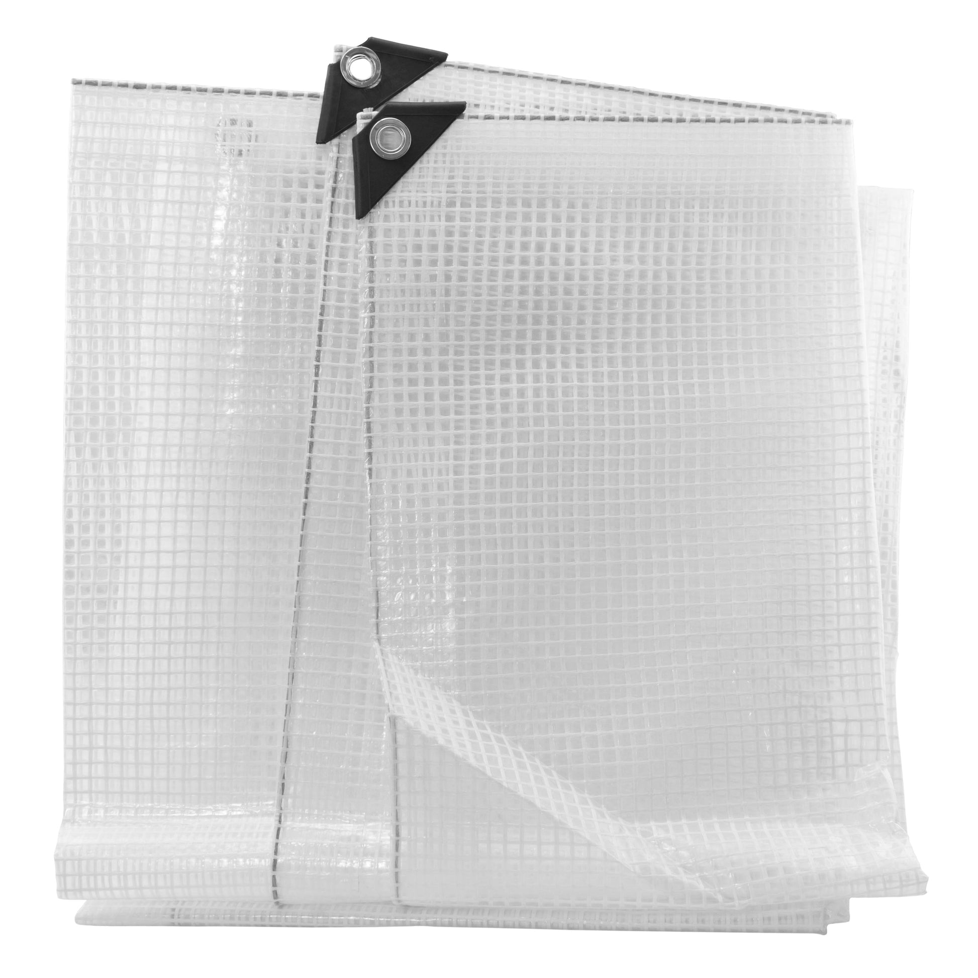 Clear tarpaulin sheet with reinforced corner eyelet tabs along the edges