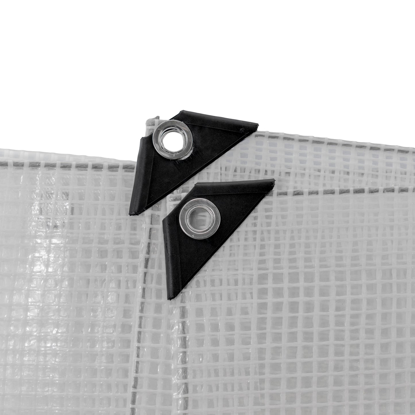 Clear tarpaulin with two black corner grommets and metal eyelets