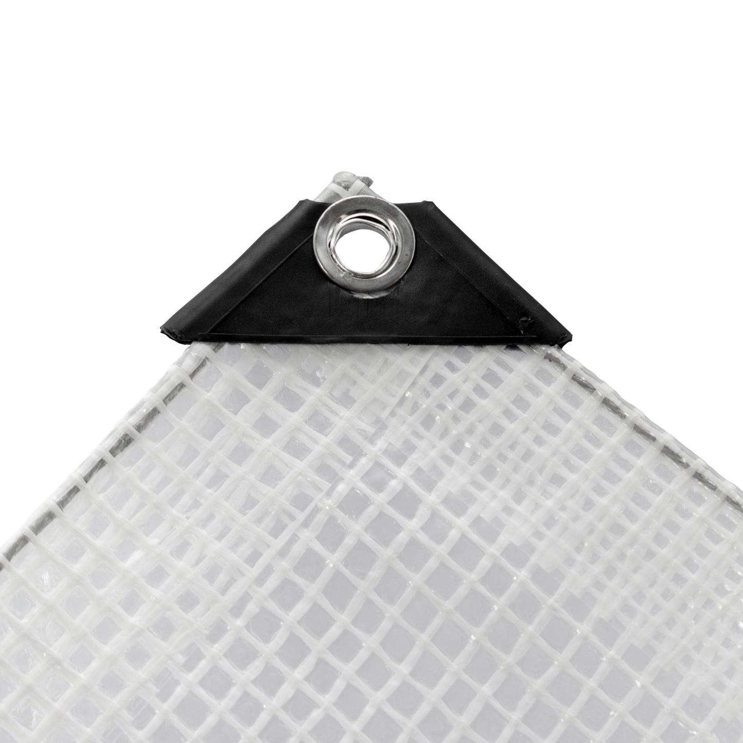 Clear M-Grade tarpaulin corner with metal grommet and black reinforced edge