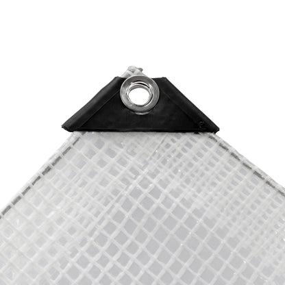Clear M-Grade tarpaulin corner with metal grommet and black reinforced edge