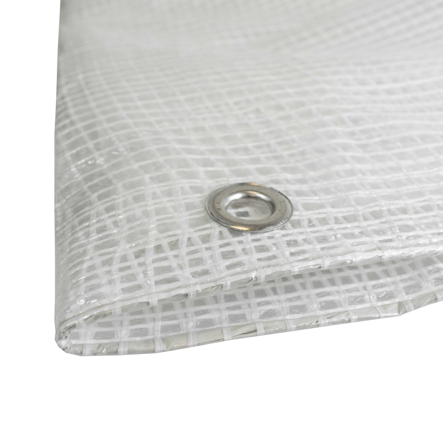 Clear tarpaulin folded edge with metal grommet ring on the mesh sheet