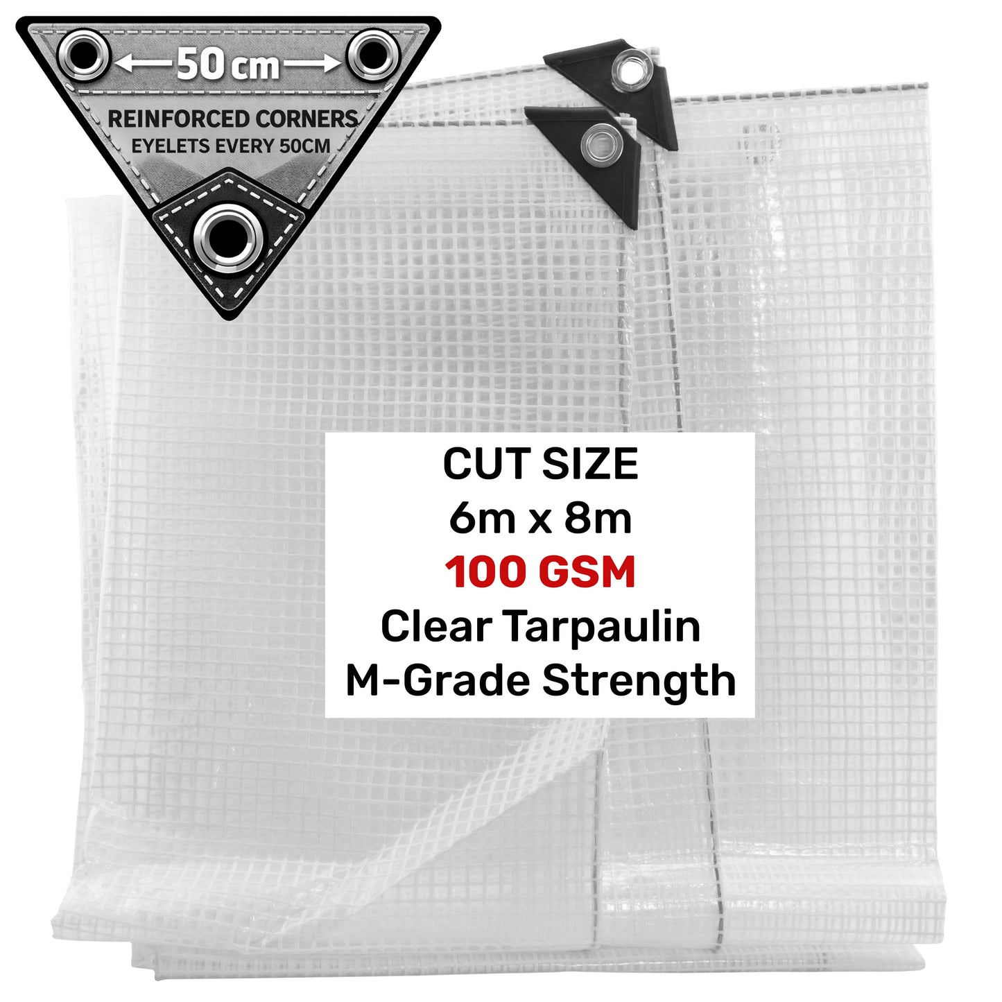 Clear tarpaulin sheet 6m x 8m, M-grade strength, reinforced corners, 100GSM