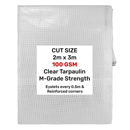 Clear tarpaulin 2m x 3m, 100 GSM, eyelets every 0.5 m and reinforced corners