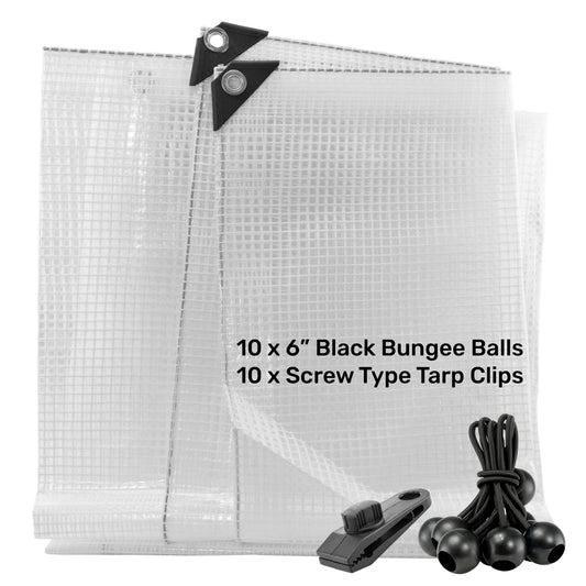 Clear tarpaulin with black bungee balls and screw tarp clips