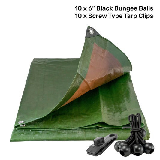 Green and brown tarpaulin with black bungee balls and screw-type tarp clips