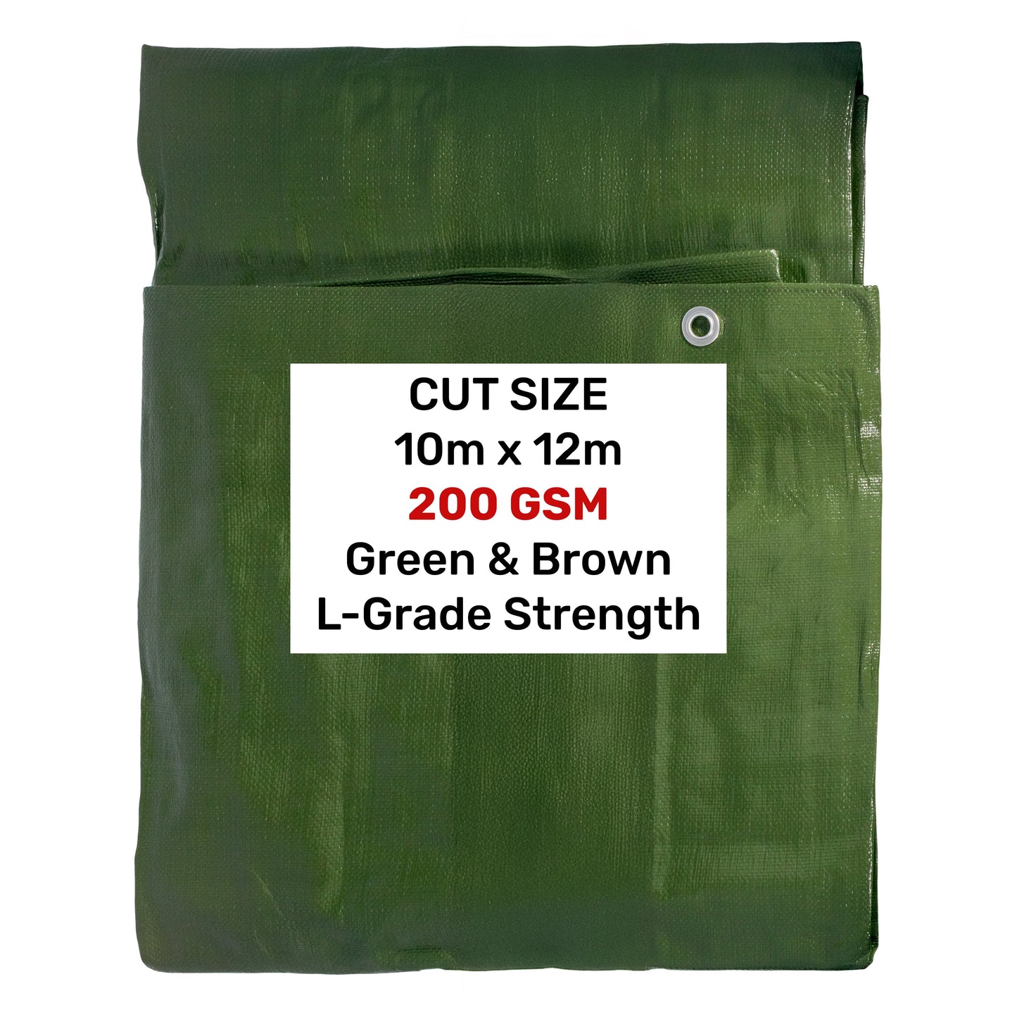 Green tarpaulin sheet, 10m x 12m, 200 GSM, with metal eyelet at corner