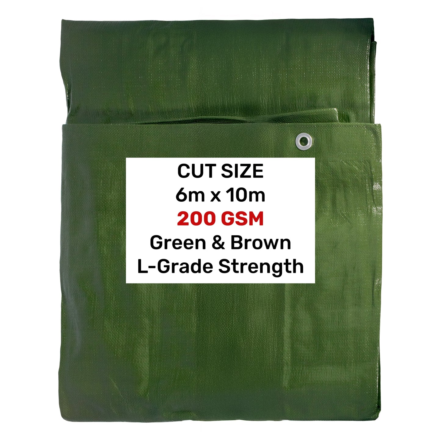 Green tarpaulin folded 6m x 10m, grommet edge panel visible at the corner