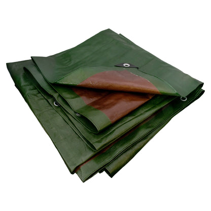 Stacked green tarpaulin sheets with brown inner panel and metal eyelets