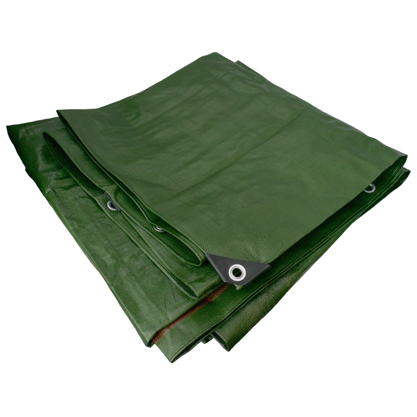 Folded green tarpaulin with side metal eyelets and layered edges