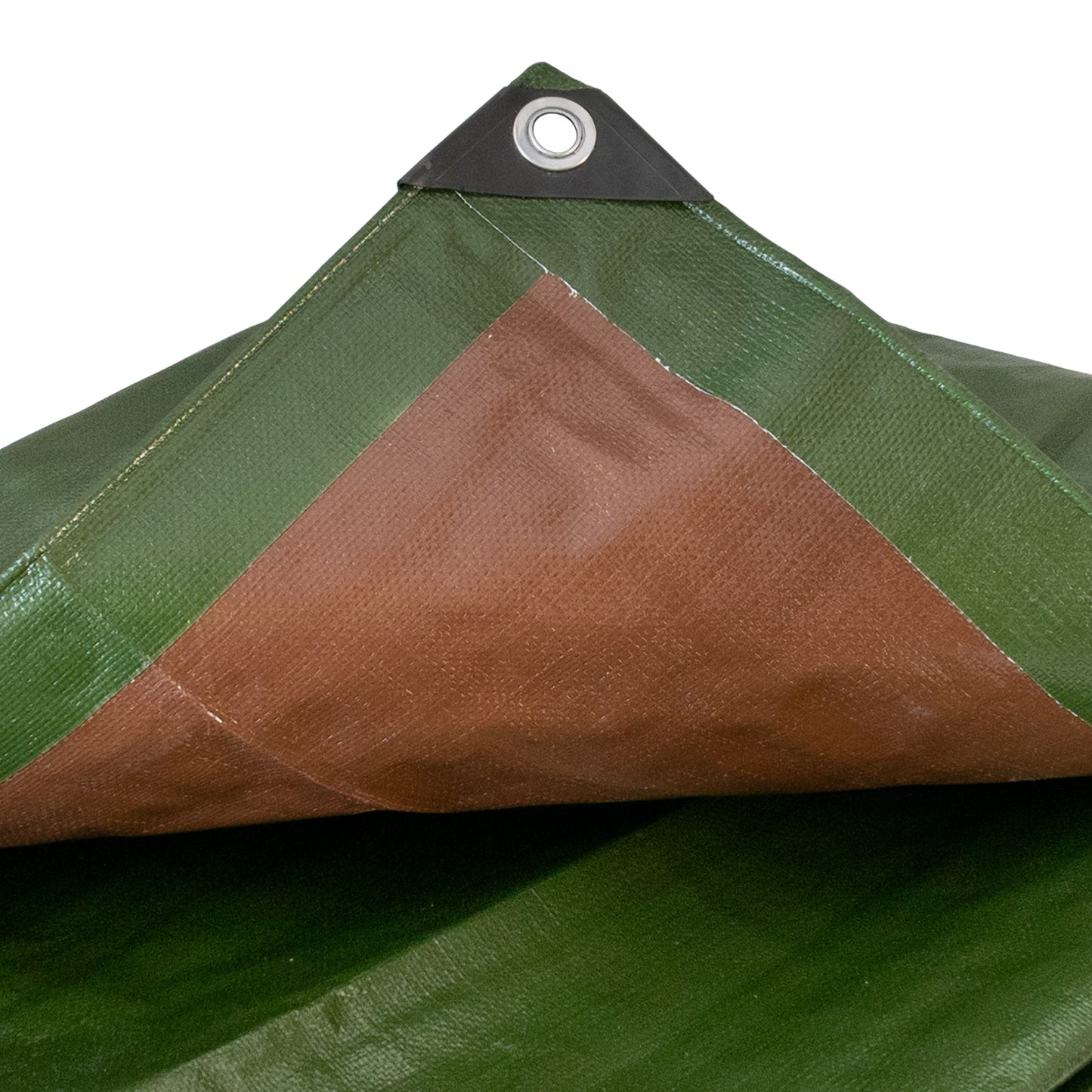 Green/Brown tarpaulin corner with reinforced black grommet ring