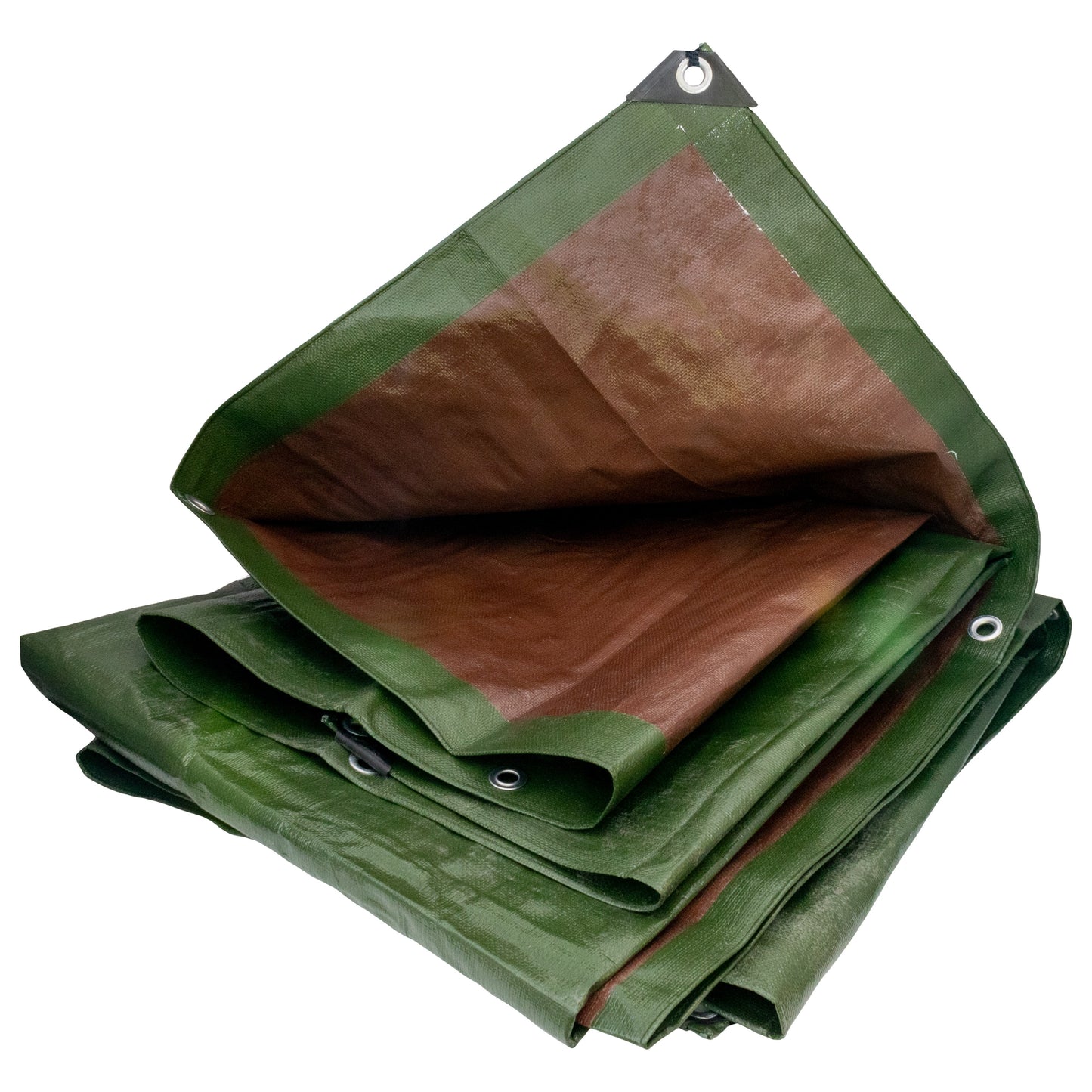 Green/brown L-Grade tarpaulin, folded stack with metal eyelet on top corner