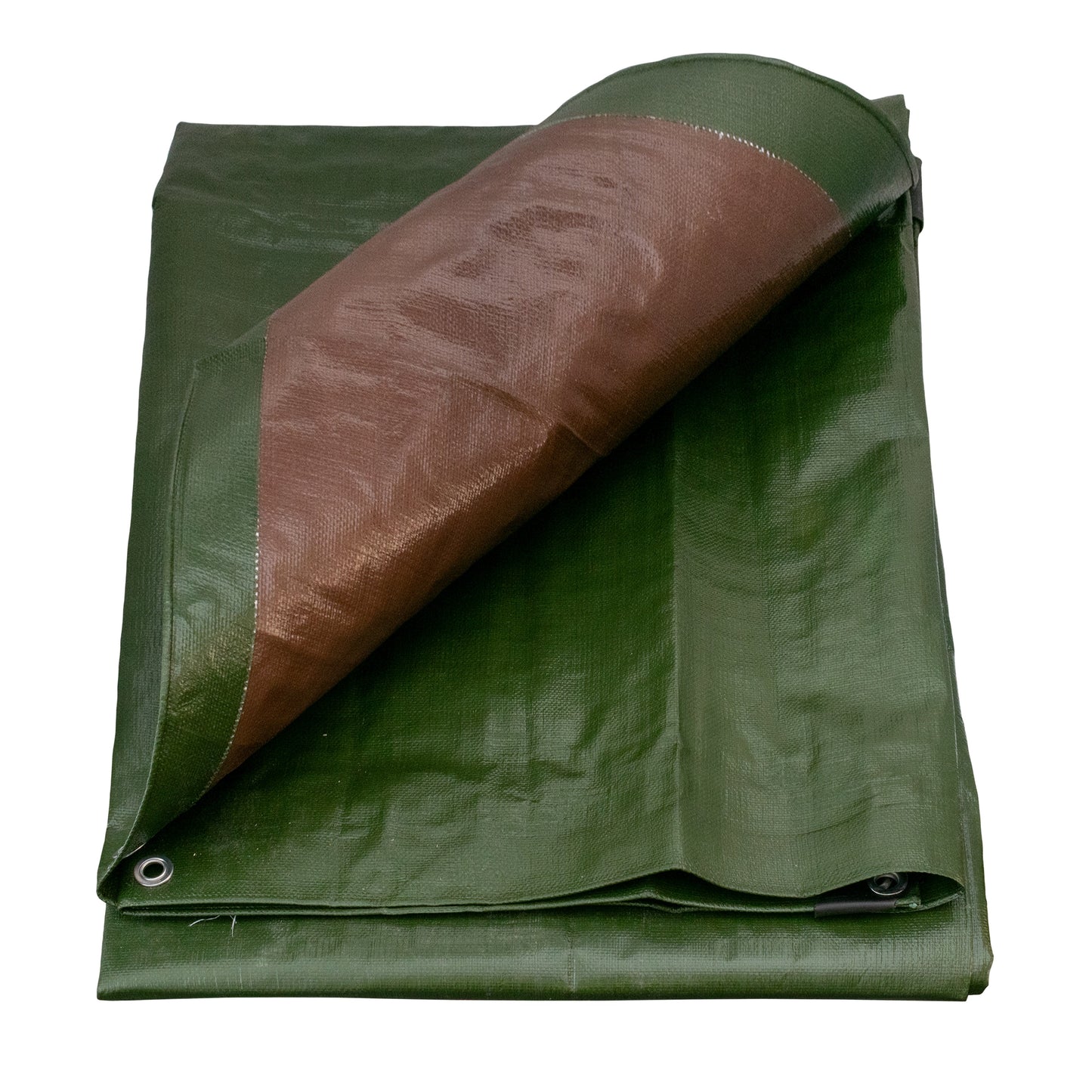 Green/brown L-Grade tarpaulin folded, showing metal eyelets along the bottom hem