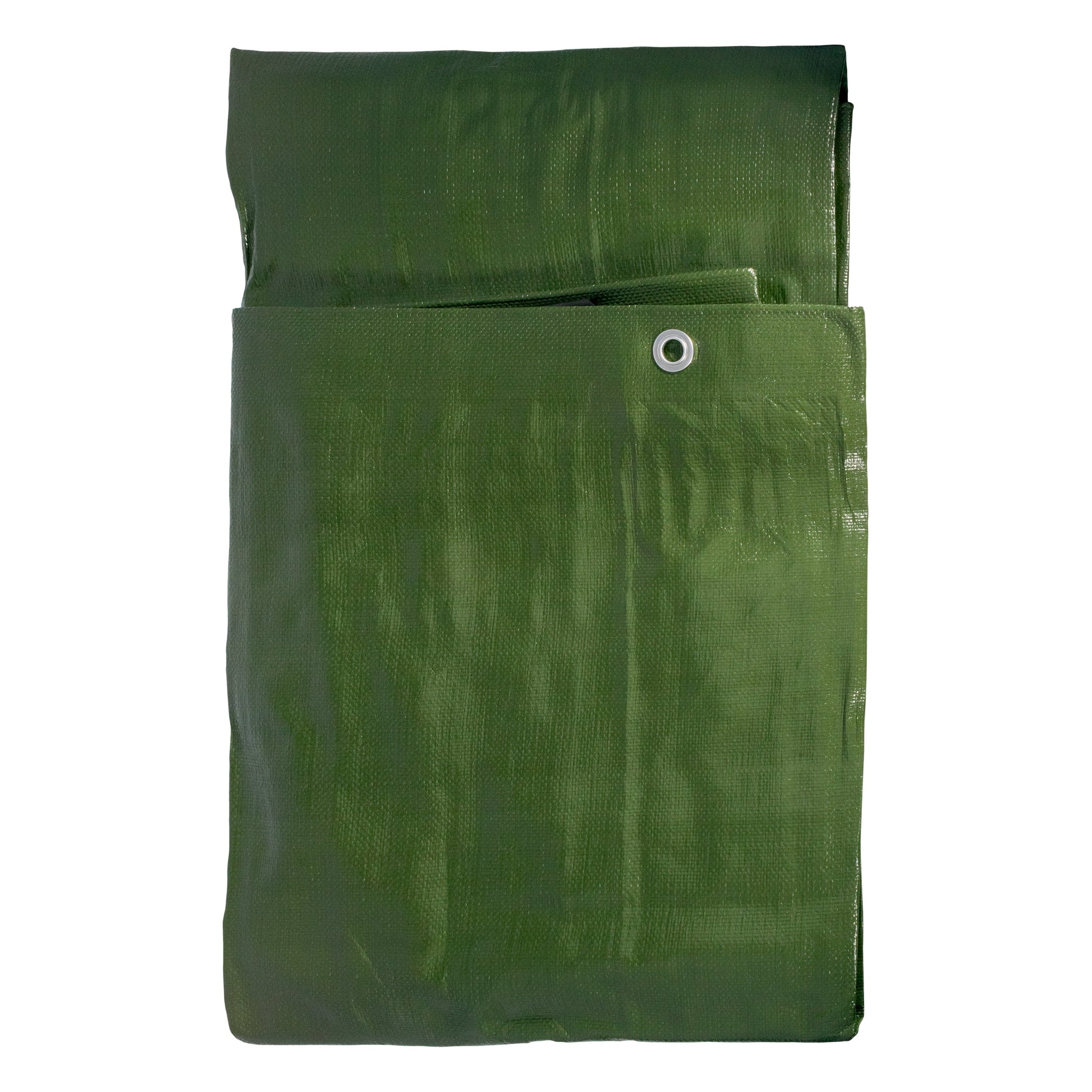 Green L-Grade tarpaulin, folded, with metal eyelet on the corner