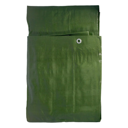 Green L-Grade tarpaulin, folded, with metal eyelet on the corner