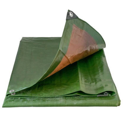 Tarpaulin corner view: green sheet with brown section and metal grommets on edges.