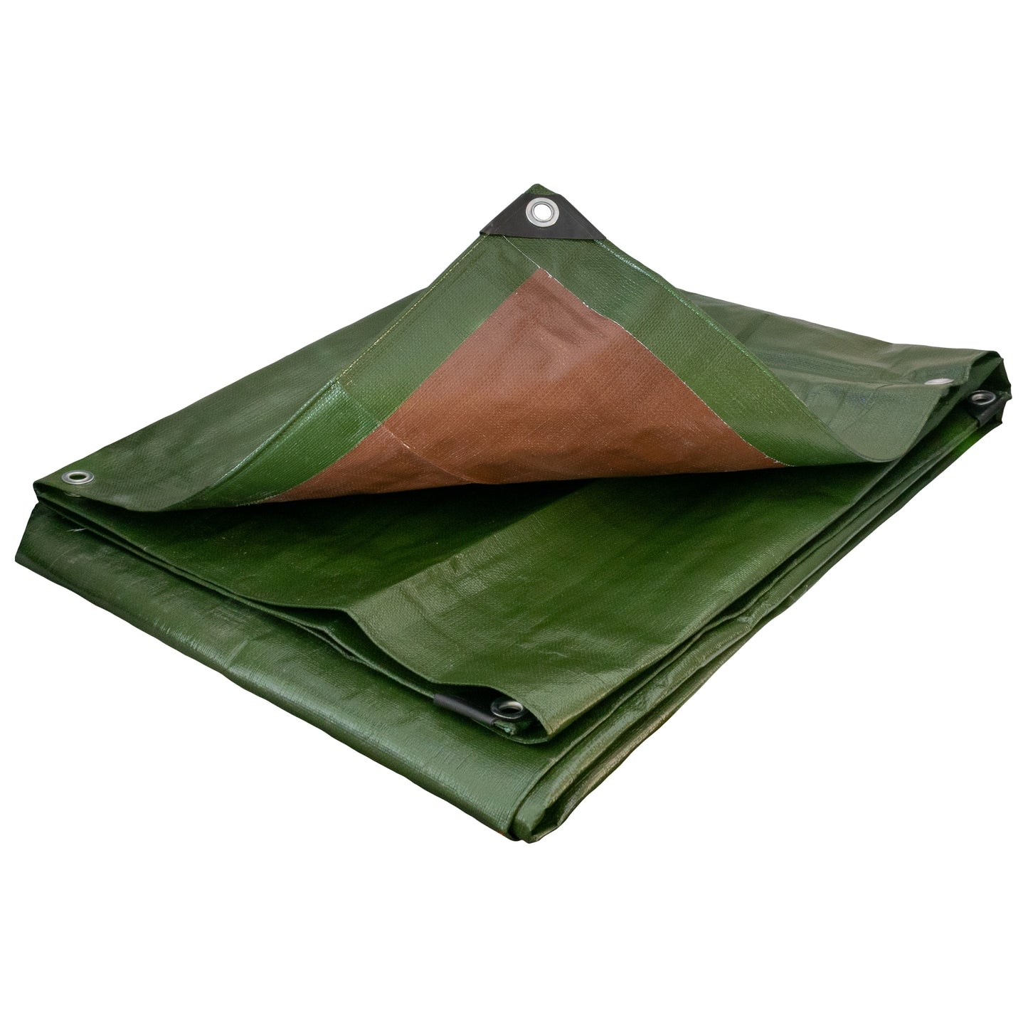 Green tarpaulin folded flat with brown center panel and edge grommets
