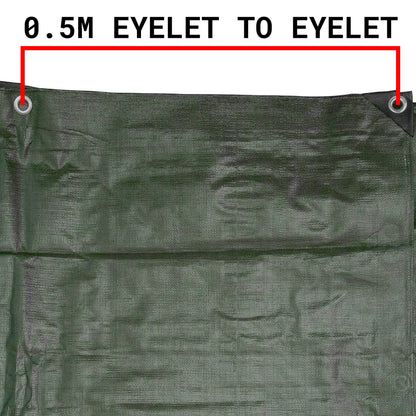 Green tarpaulin with 0.5m eyelet spacing across the top row, close-up