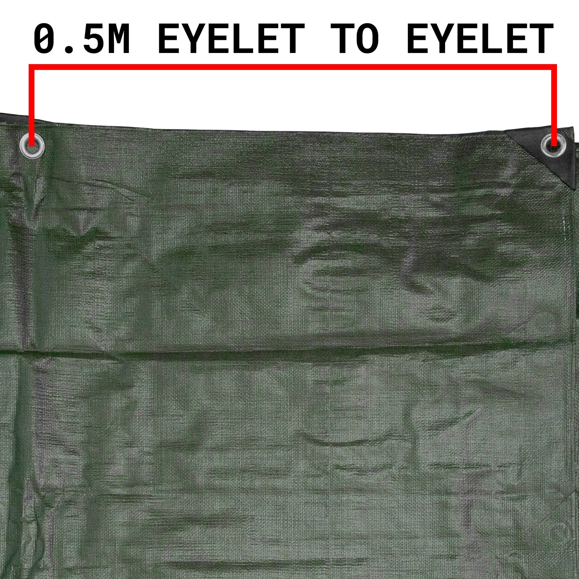 Green tarpaulin panel with eyelet-to-eyelet spacing marked at top