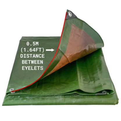 Green/brown tarpaulin showing 0.5m distance between eyelets (1.64ft)