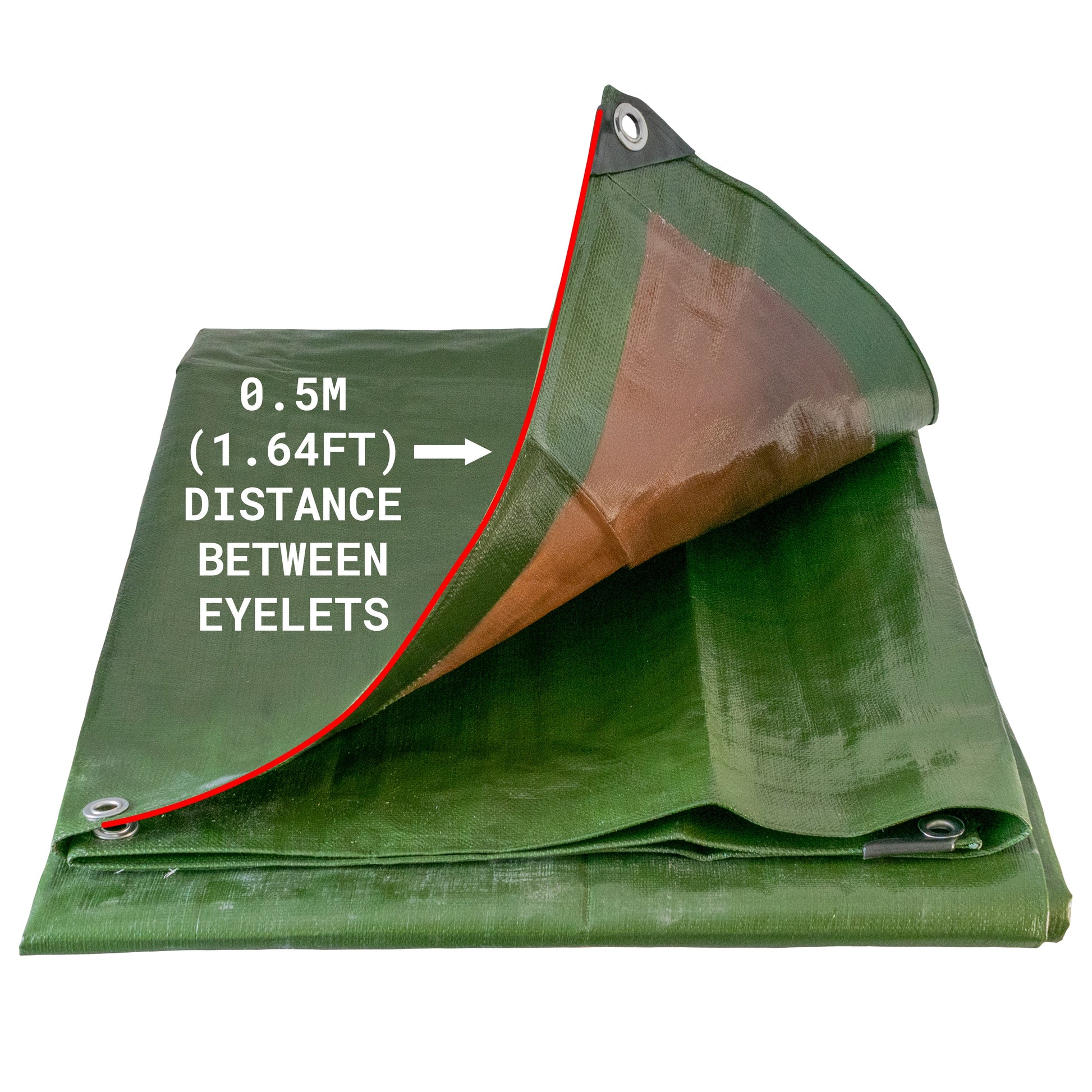 Green/brown tarpaulin with metal eyelets at corners, folded view