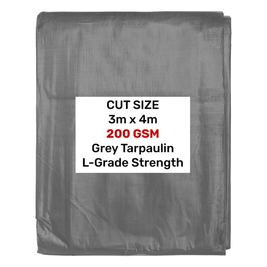Grey L-Grade tarpaulin 3m x 4m, 200gsm fabric sheet with reinforced edges