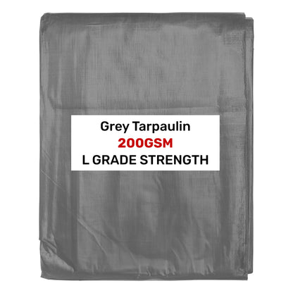 Grey L-grade tarpaulin 2m x 4m, 200GSM strength label on folded cover