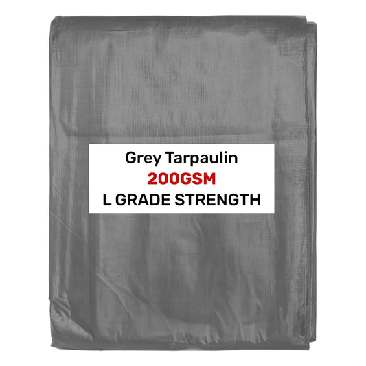 Grey L-grade tarpaulin 2m x 4m, 200GSM strength label on folded cover