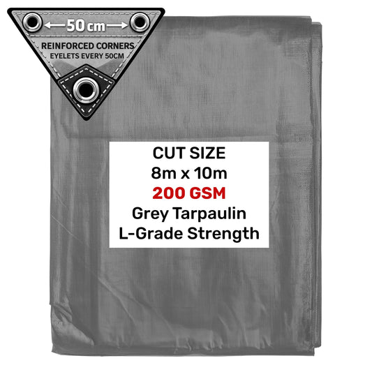 Grey L-Grade tarpaulin 8m x 10m, reinforced corners and eyelets