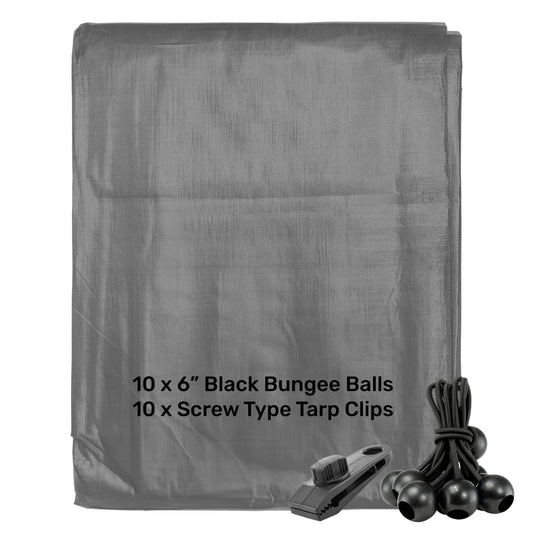 Grey tarpaulin with black bungee balls and screw-type tarp clips set