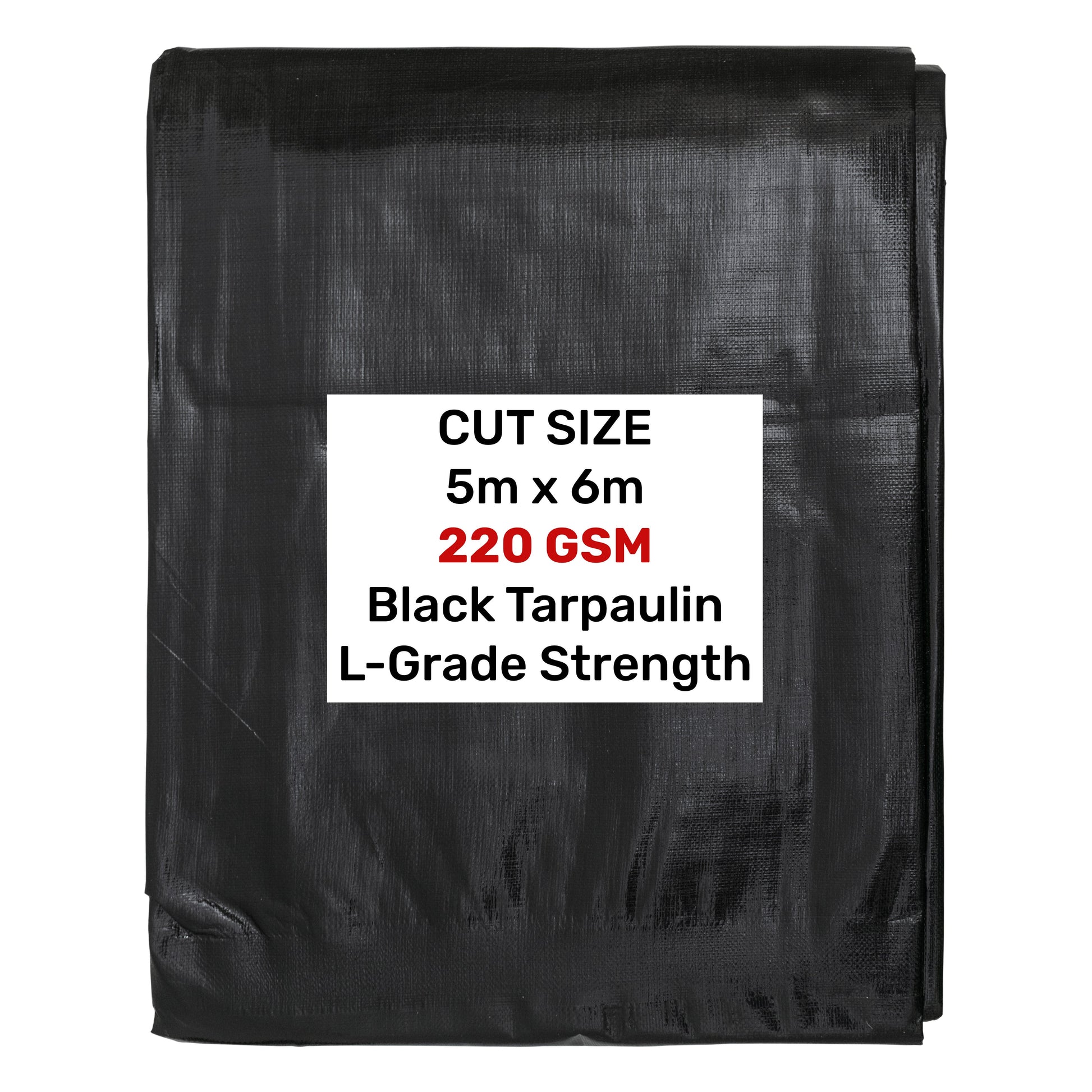 Black tarpaulin, folded square, 5m x 6m cut size, 220GSM