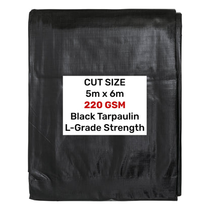 Black tarpaulin, folded square, 5m x 6m cut size, 220GSM