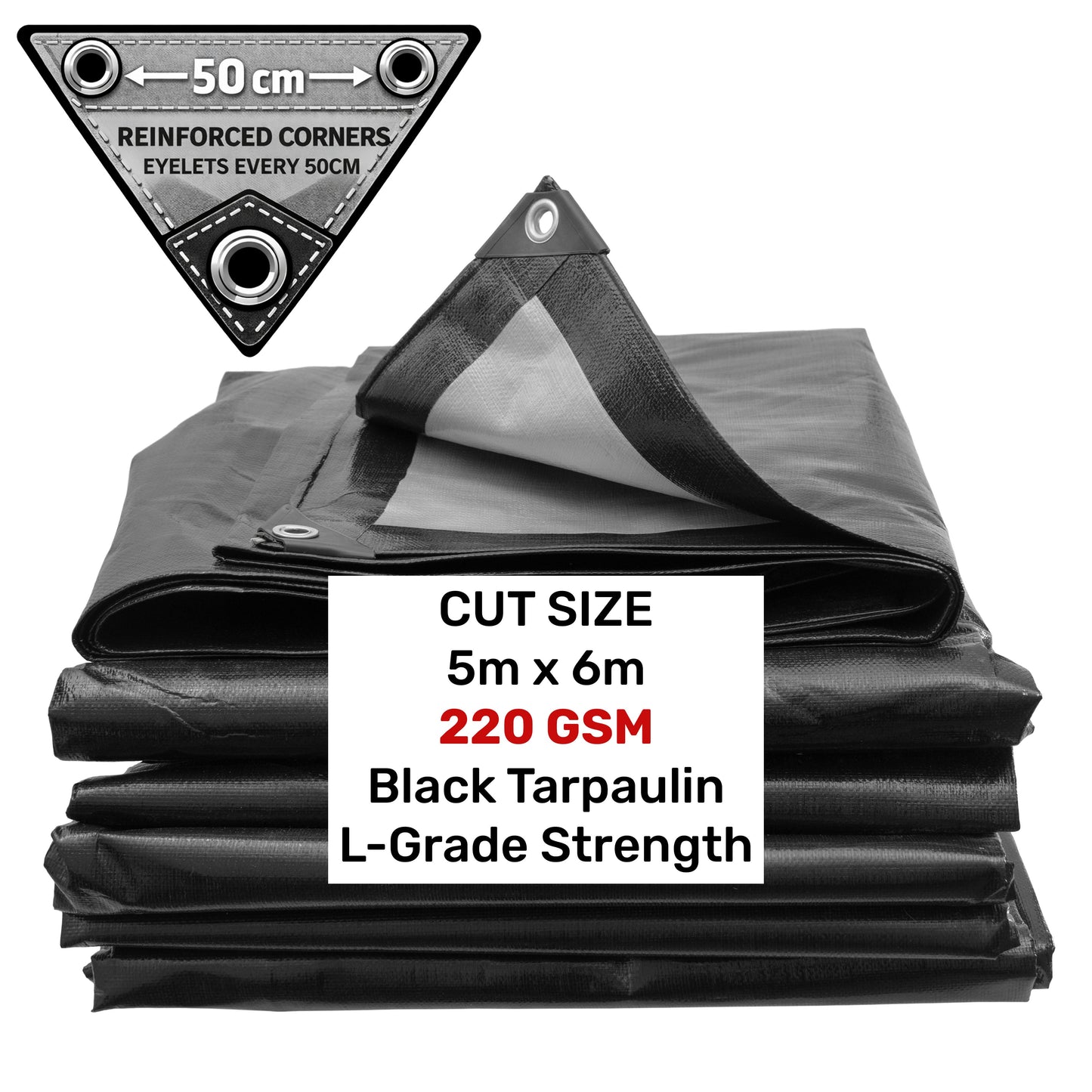 Black tarpaulin bundle, 5m x 6m, reinforced corners with silver grommets