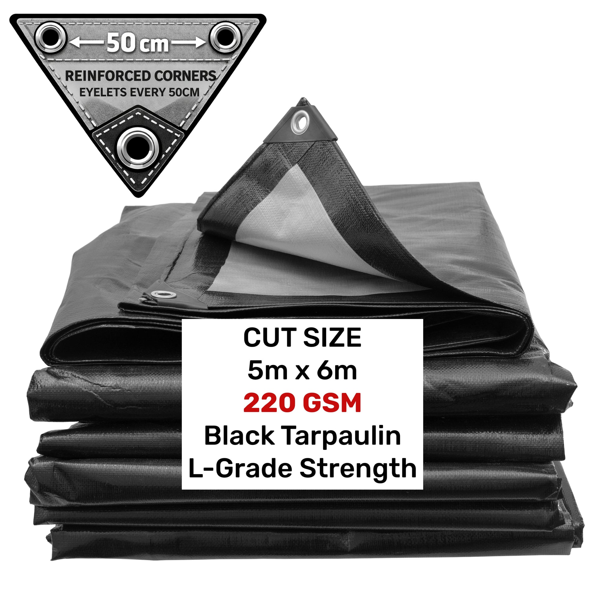Black tarpaulin bundle, 5m x 6m, reinforced corners with silver grommets