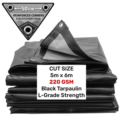 Black tarpaulin bundle, 5m x 6m, reinforced corners with silver grommets