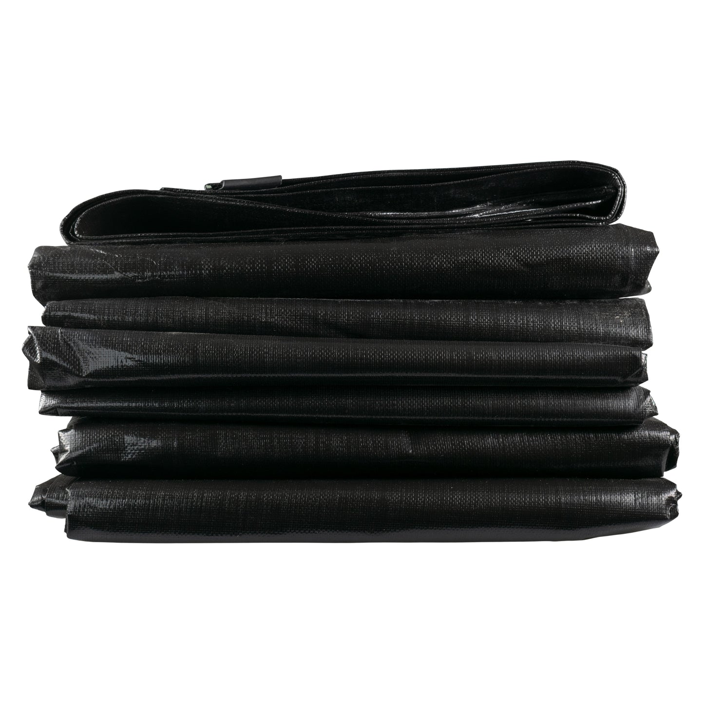 Stack of black tarpaulin sheets with layered folds and rolled edge