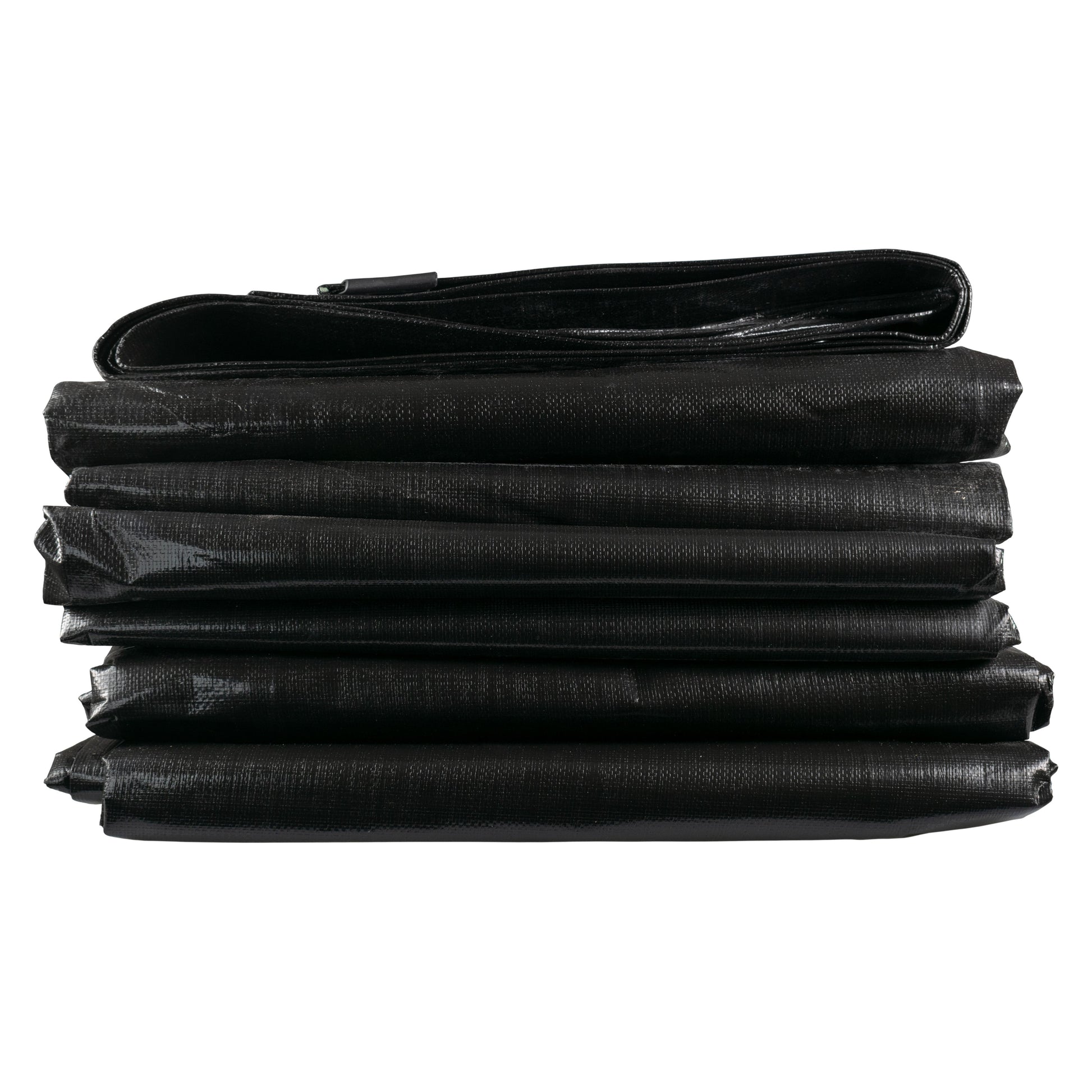 Stack of black tarpaulin sheets with layered folds and rolled edge