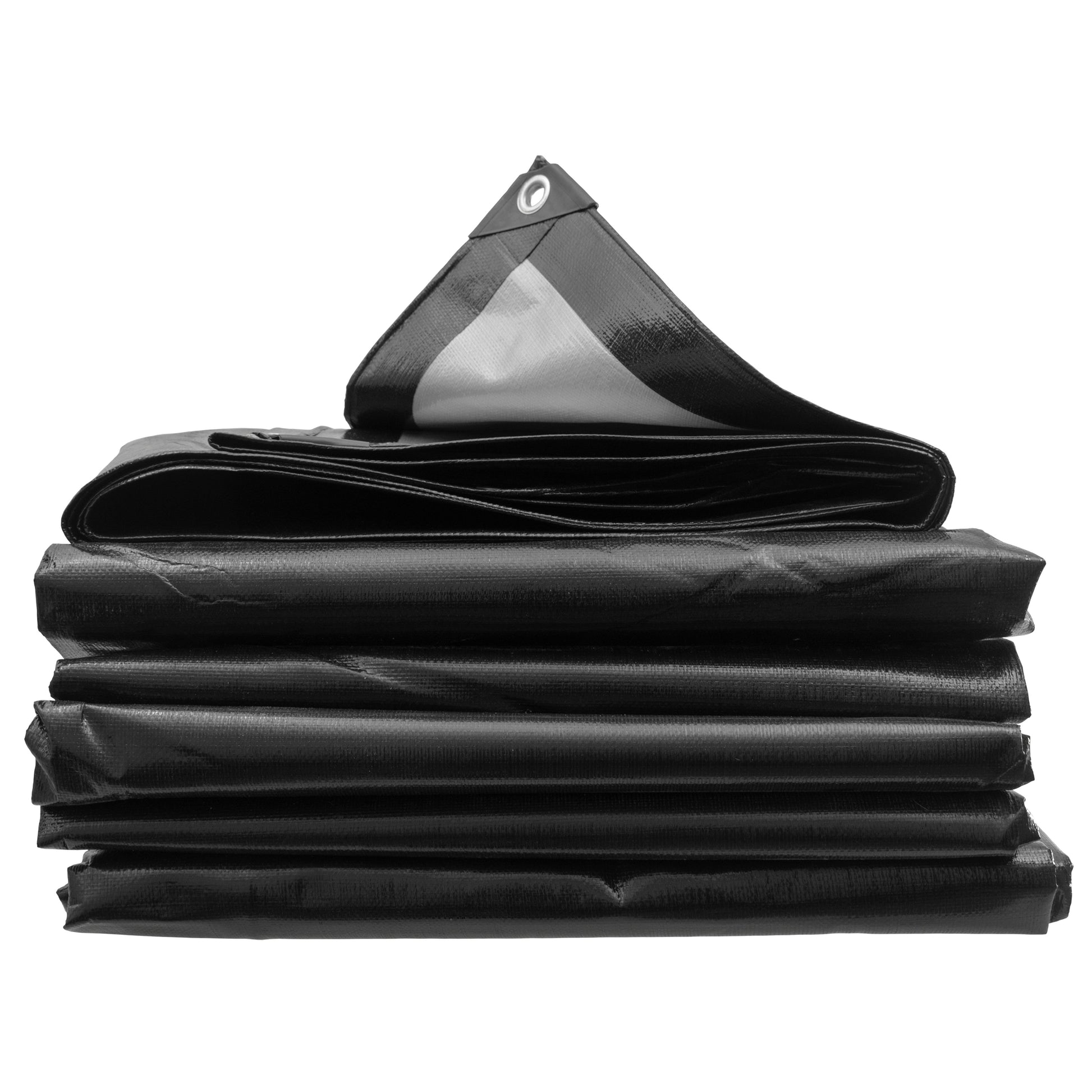 Black and silver L-grade tarpaulin sheets, folded stack, 5m x 6m