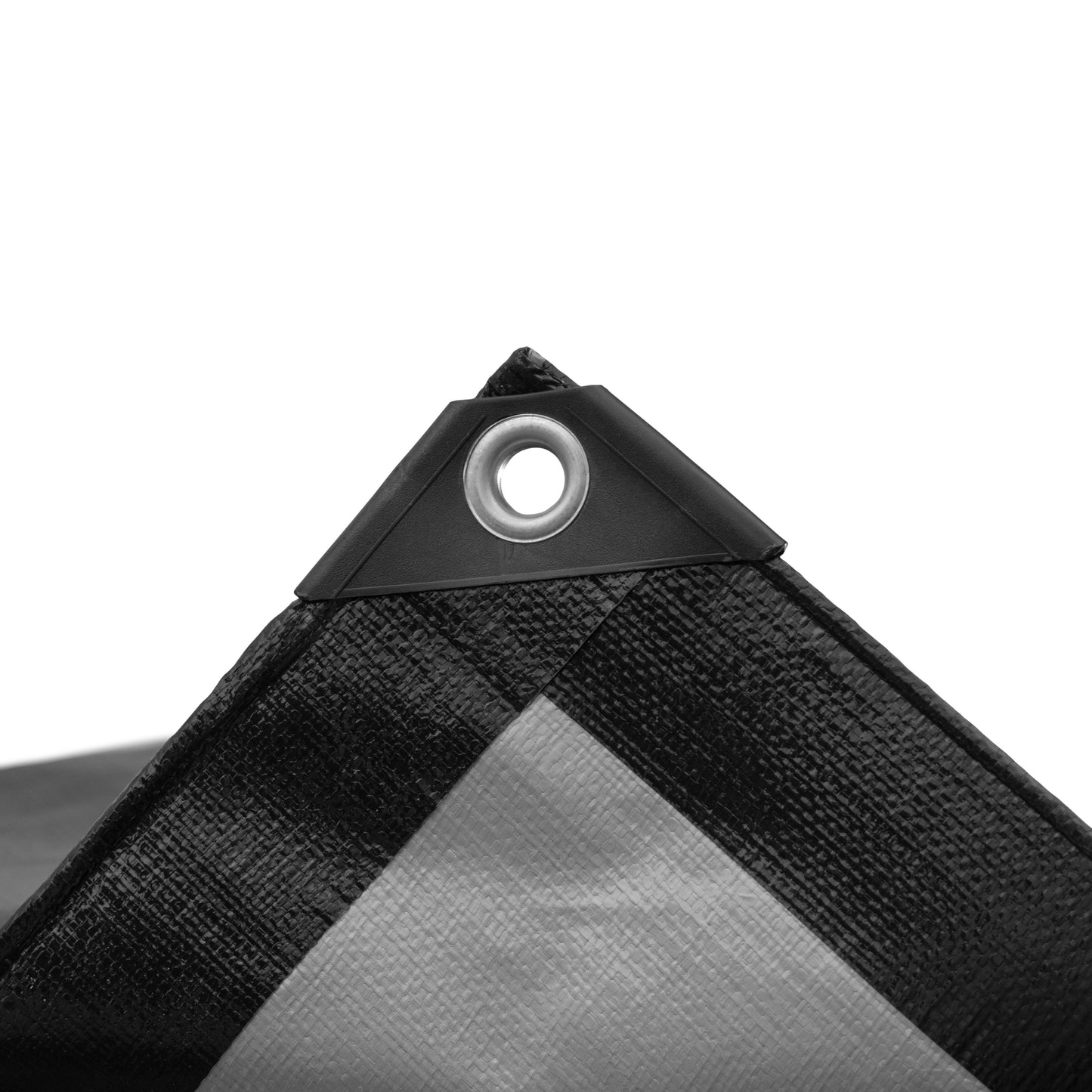 Black tarpaulin corner with metal grommet and silver panel detail, L-grade
