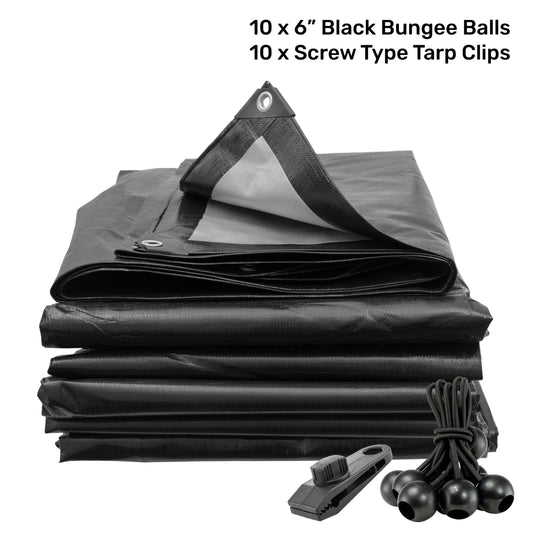 Black tarpaulin sheet with silver patch, 10 black bungee balls and tarp clips included