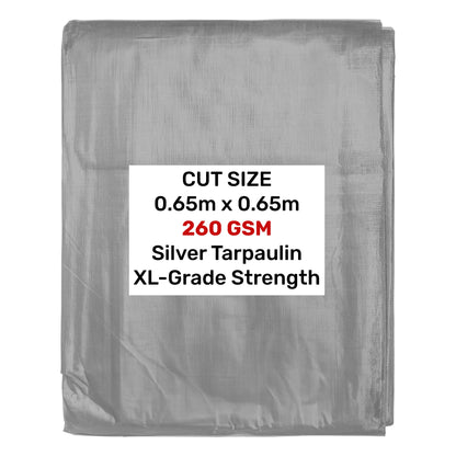 Silver tarpaulin folded pack, 0.65m x 0.65m, 260 GSM