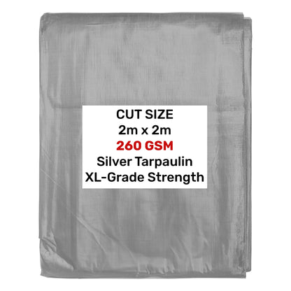 Silver tarpaulin folded, 2m x 2m size, 260 GSM, XL-grade strength