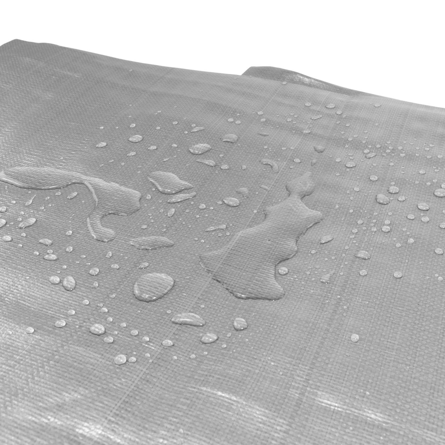 Silver tarpaulin waterproof surface with droplets beading on top layer
