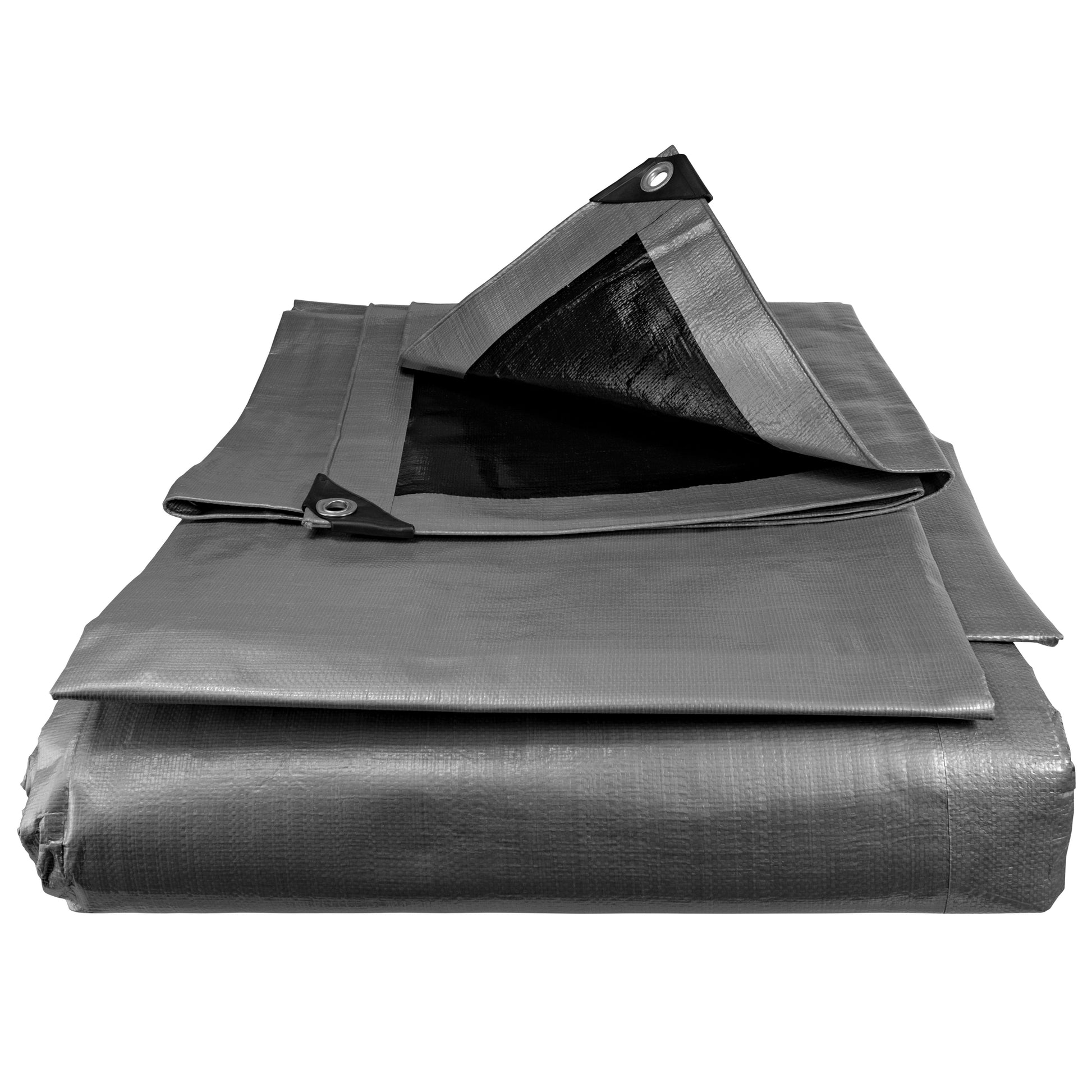 Silver tarpaulin stack with reinforced corner eyelet and stitched edges