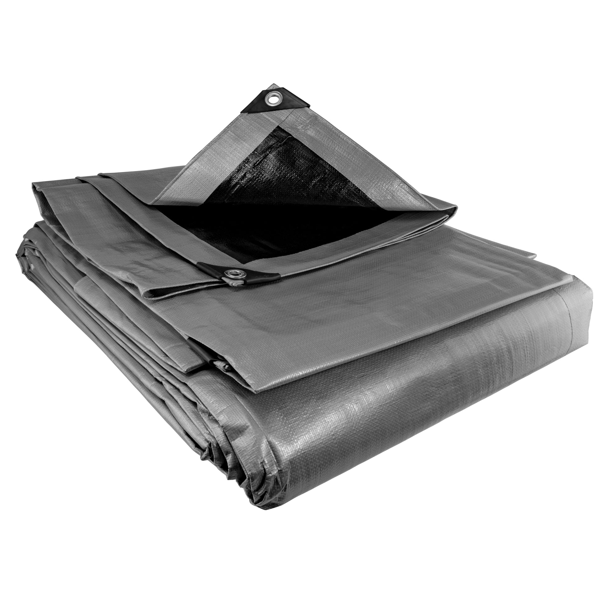 Silver tarpaulin bundle with top corner grommet and reinforced seam lines