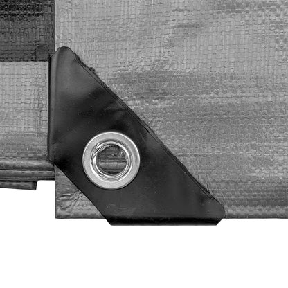 Silberne Plane mit schwarzem Tarpclip-Element und Metallöse am Rand