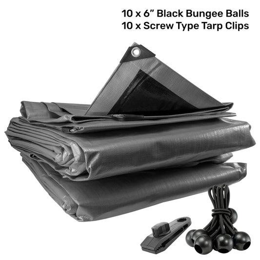 Silver tarp bundle with 10 black bungee balls and 10 screw tarp clips, folded
