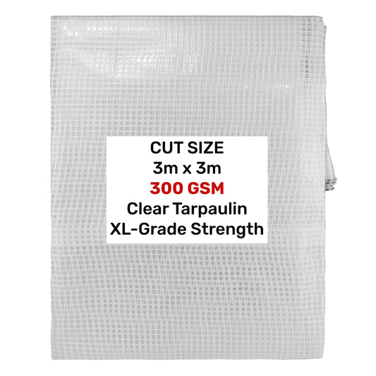 Clear XL-grade tarpaulin 3m x 3m, 300 gsm, folded with size label