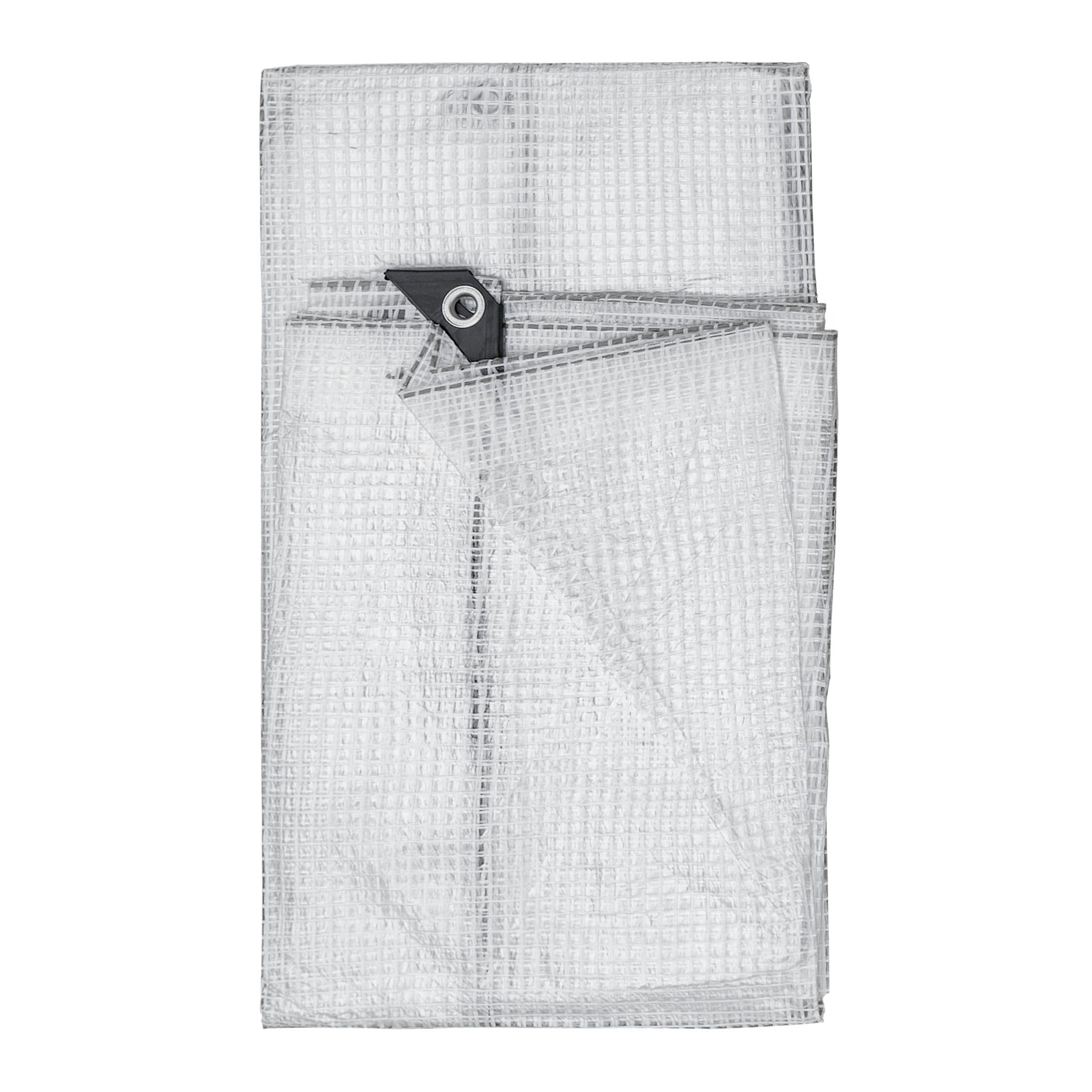 Clear 3m x 3m tarpaulin stack with black corner grommet tabs