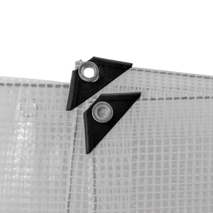 Clear tarpaulin with two black grommet corner tabs and metal eyelets